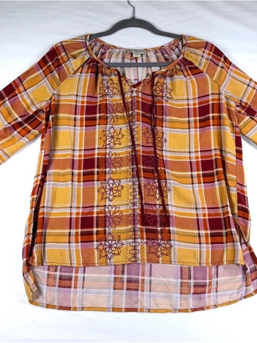 Girls' Yellow and Burgundy Plaid Peasant Top